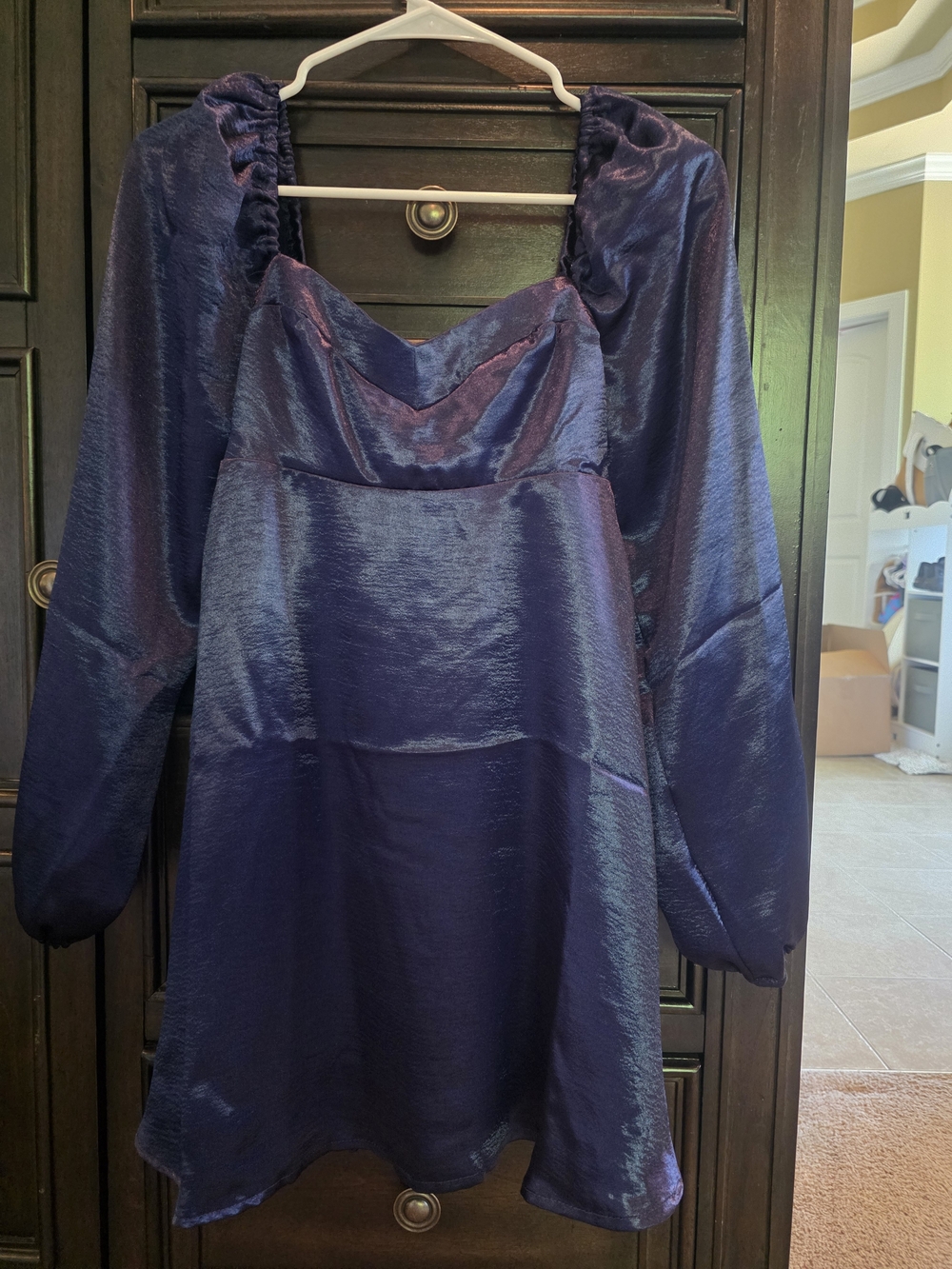 Altar'd State Shimmering Navy Puff-Sleeve Long Sleeve Dress